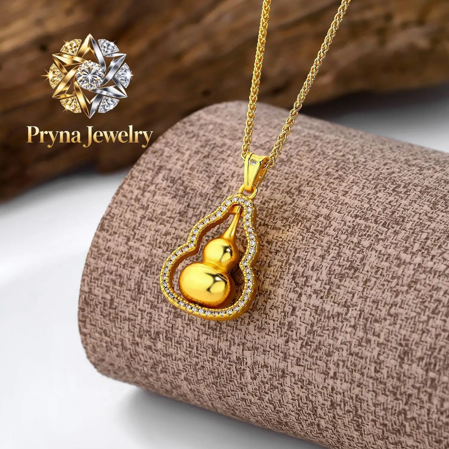 Pryna Jewelry  999 24K real gold gourd rotation necklace Women's fashion new Chinese ancient micro inset zircon design collarbon
