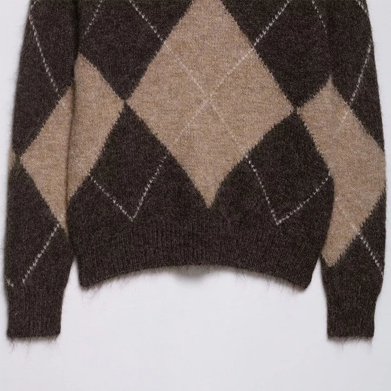 MUJER Argyle لاعبا بلوزات نسائية بدون أكتاف مقصوصة للنساء بلوفرات عتيقة للخريف ملابس تريكو سترة نسائية قمصان