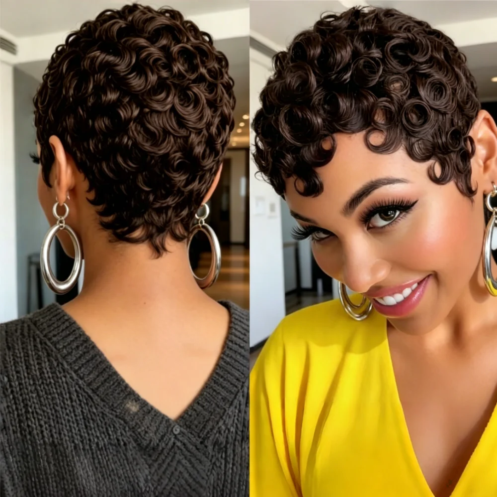 

Short Wave Human Hair Wig full machine made Human Hair Pixie Cut Curly Wig for Women Natural Black Color