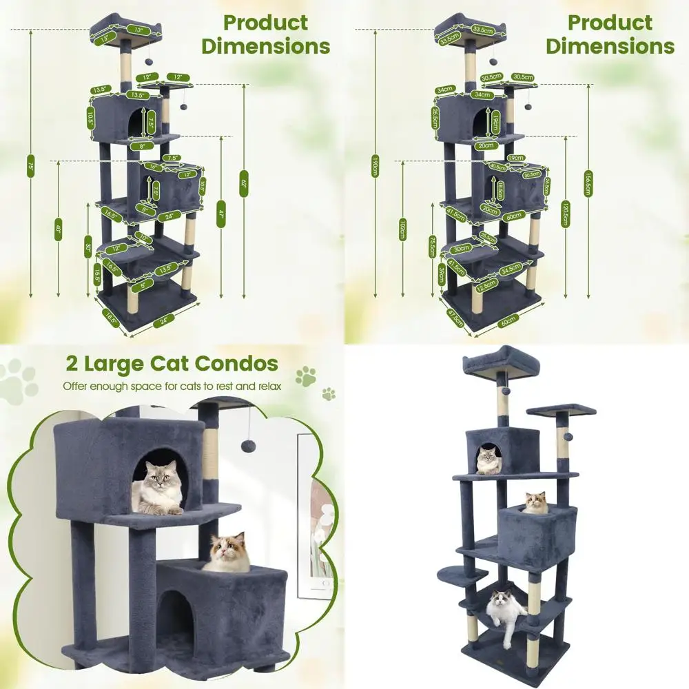 

75 Multi-Level Cat Tree with Sisal Posts, 2 Condos, Hammock, Balls, and Top Perch for Indoor Play and Rest (Dark Grey)