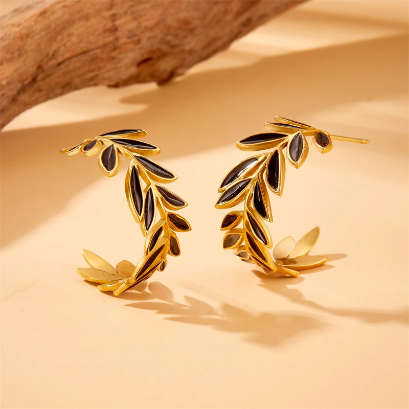 DIEYURO 316L Stainless Steel Black Drip Oil Leaf Circle Earrings For Women 2024 Fashion New Current Ear Jewelry Lady Gift Party image 3