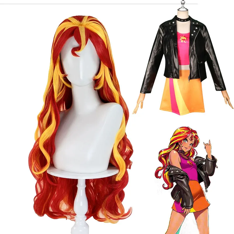Disfraz de Cosplay de puesta de sol brillante, pelucas de Anime Equestria para niñas, tocado, chaqueta de cuero LittlePony SS y conjunto de Falda corta, 2025