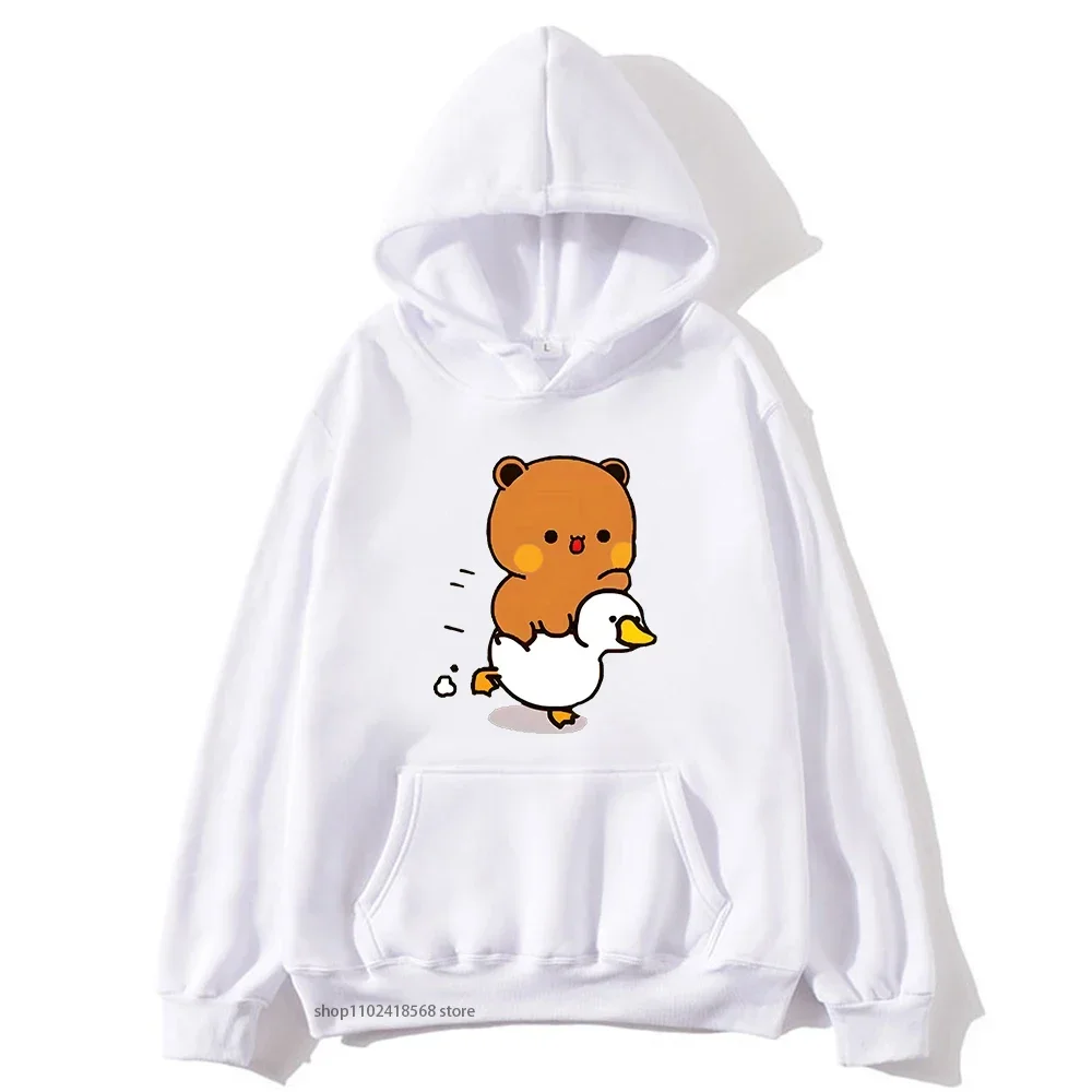 Cute Bubu and Duud Is Riding A White Duck Hoodie Panda and Brownie Bear Clothes Sweatshirts Hooded for Men Women Couple Sudadera