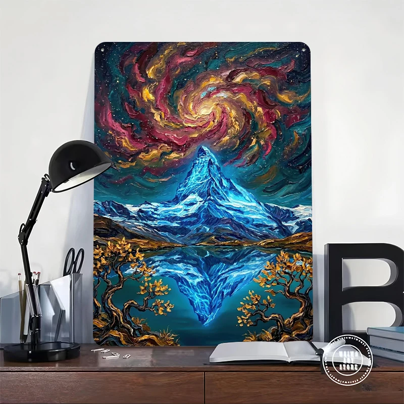 Vibrant Mountain Reflection Under Cosmic Sky Tinplate Poster Customized Wall Art Retro Vintage Metal Signs for Fans Desk Decor