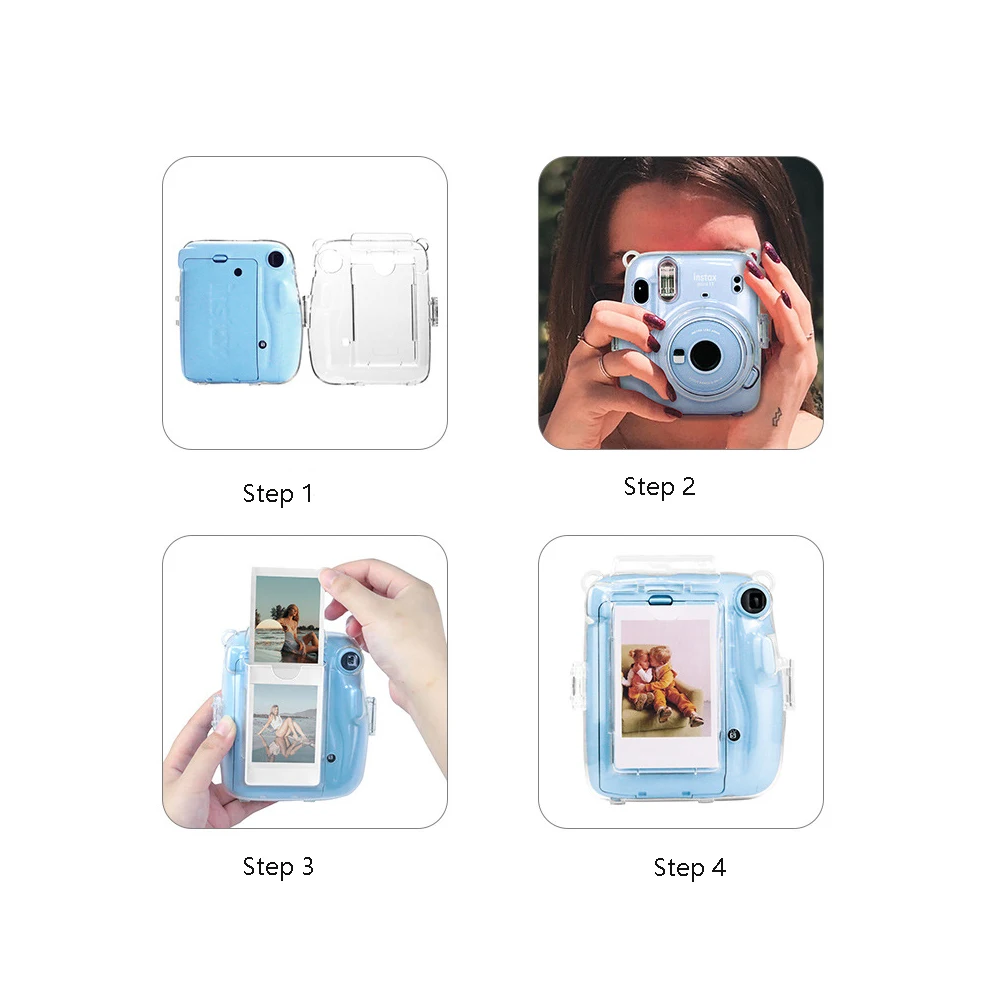 For Instax Mini11 Camera Bag Photo Bag Clear Storage Case Crystal Case Strap and Sticker Three Piece Set