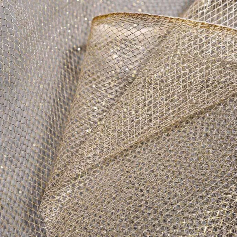 Glitter Hard Tulle Hollow Net Fabric, Golden Transparent Mesh, For Fashion Or Designer Clothing , By The Yard