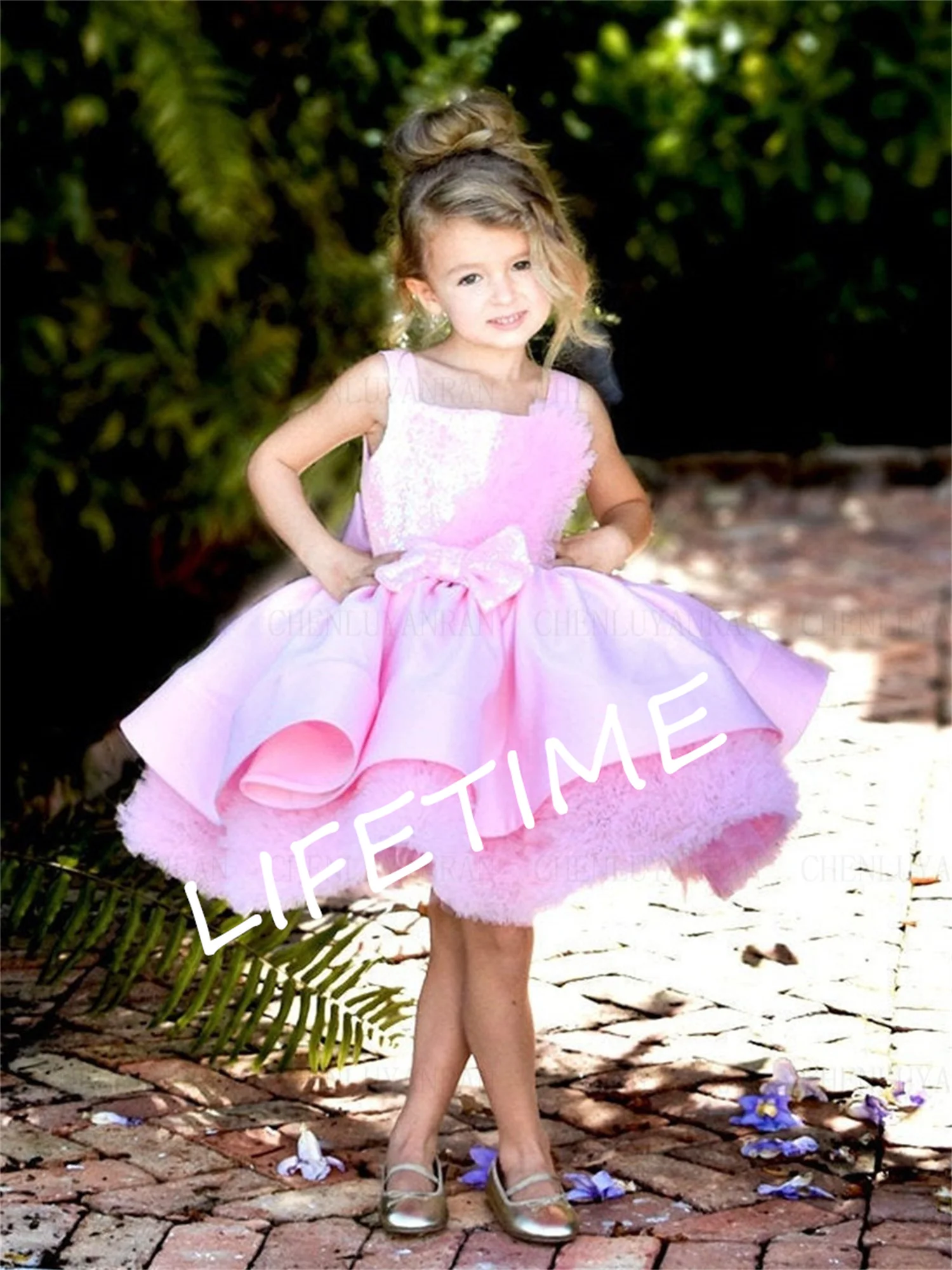 Vestido de flores sin mangas para niña, vestido de fiesta de boda, línea A, plisado, hasta la rodilla, Simple, primera comunión, rosa brillante