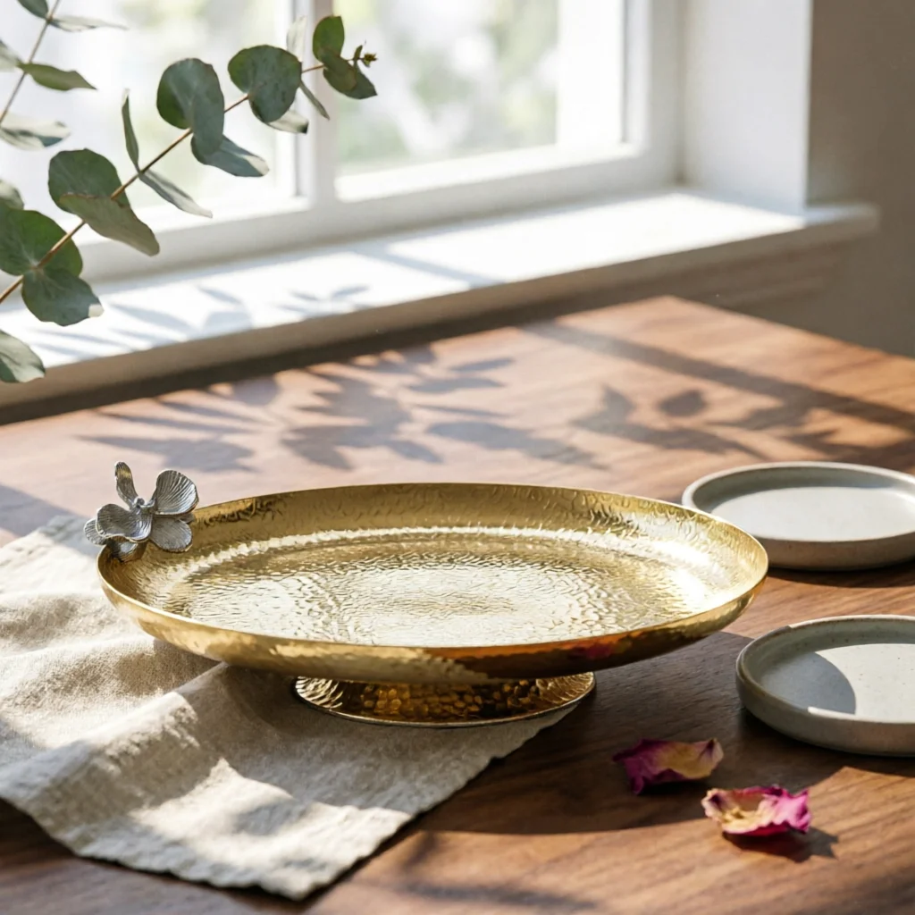 Oval Fruit Bowl with Pedestal Gold-Toned Bowl with Pedestal Base Decorative Tray Long-Lasting Decor Textured for Hosts