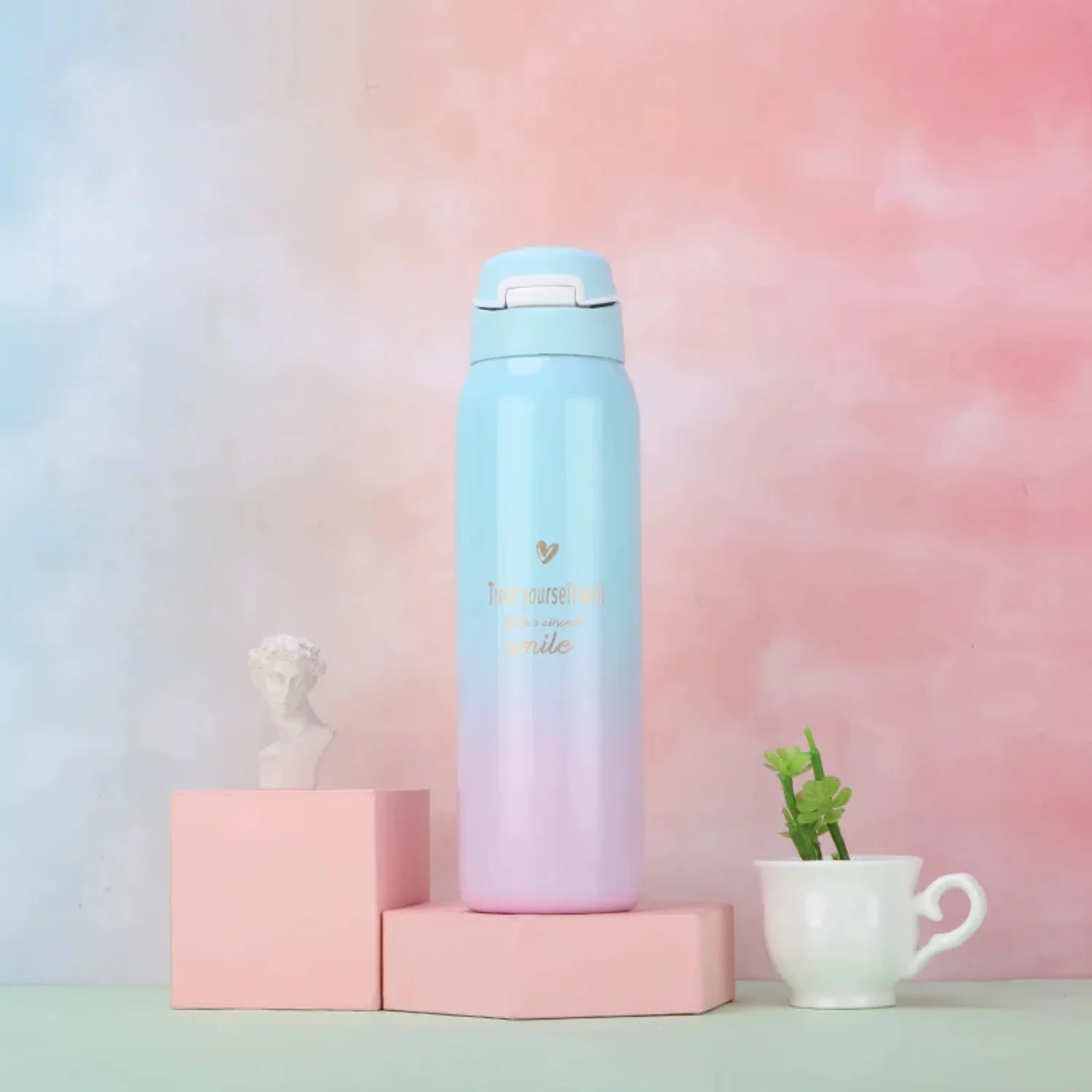 크리 에이 티브 버클 밀짚 보온병 컵 그라디언트 패션 야외 모션 스테인레스 스틸 진공 냉수 컵 병