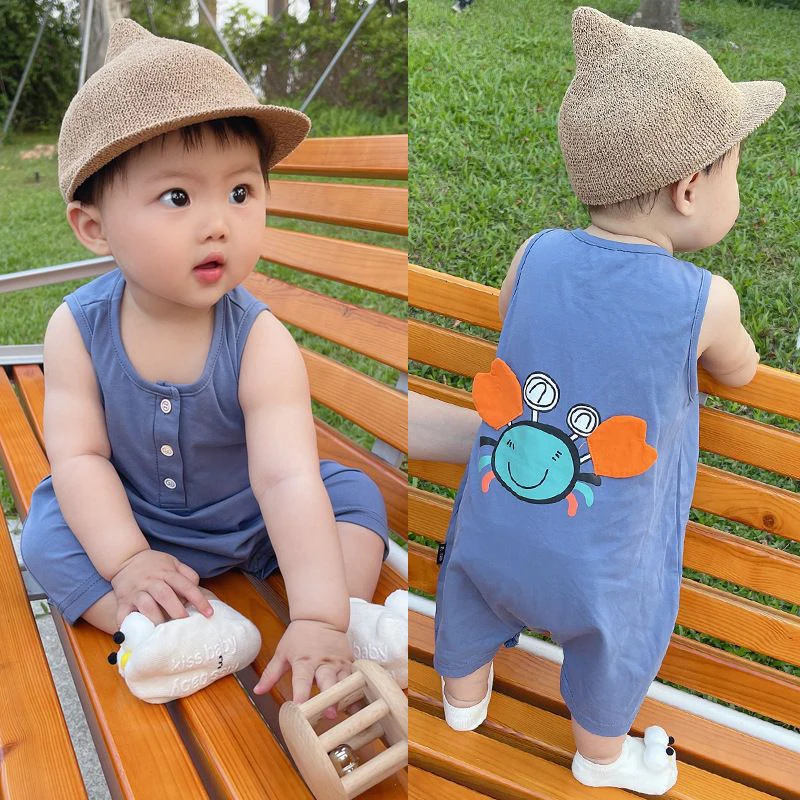 Summer Korean Style Sleeveless Boxer Rompers For Infants And Young Children Cartoon Crab Thin Vest Jumpsuit