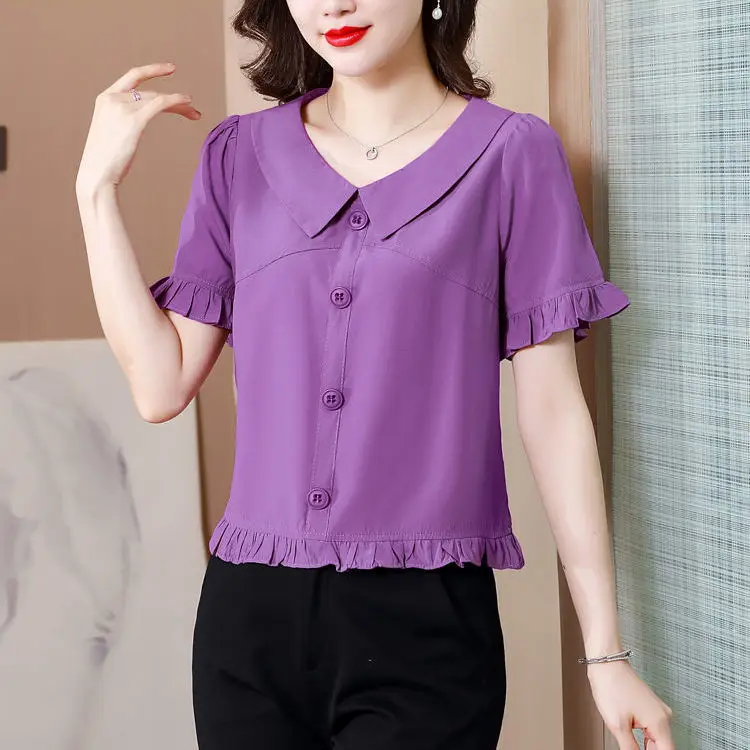 2024 Summer New Doll Collar Fashion Stylish Small Shirt Shirt Elegant Waist Short-sleeved Top Women\'s Chiffon Shirt Trendy