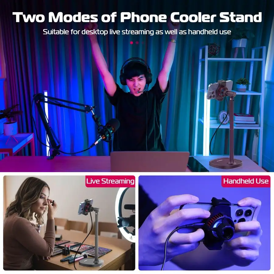 SK06 Cell Phone Stand with Phone Cooler, Desktop Phone Live Streaming Solution with Phone Cooling Fan, Height Adjustable Phone C