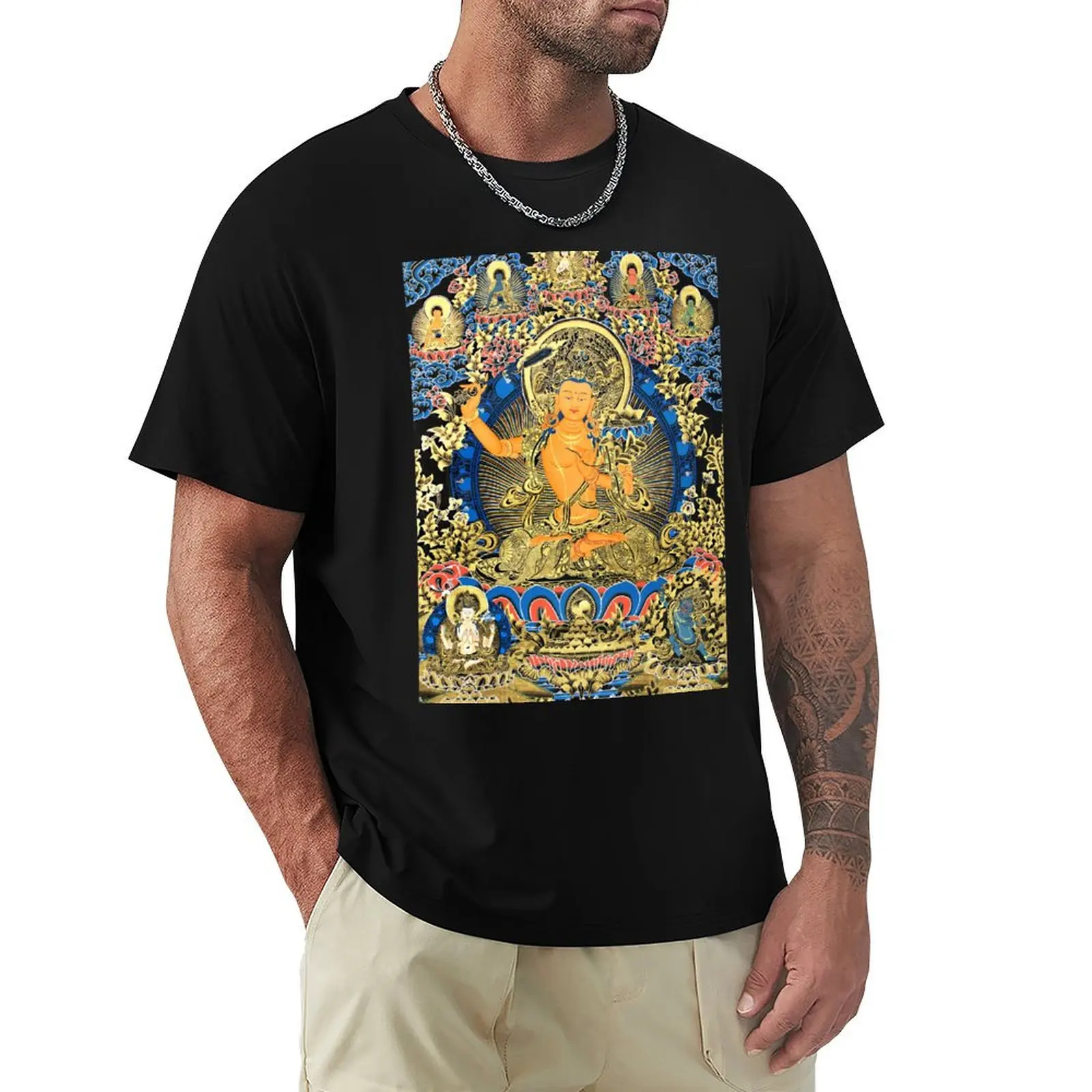 

Mandala 102 Bodhisattva Manjushri Gold Blue Thangka T-Shirt All Match Basic Short Sleeve Top