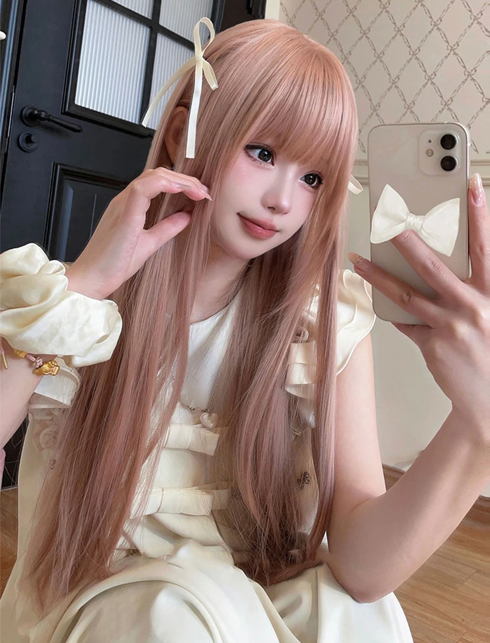 OLACARE 24 Inch Long Heat-Resistant Pink Synthetic Straight Hair Cosplay Wig With Bangs Wig For Women