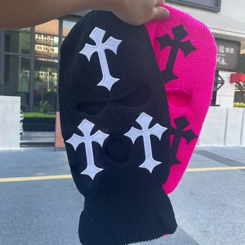 

New Cross Embroidery Three-hole Balaclava Knit Hat Army Tactical CS Winter Ski Riding Mask Beanie Prom Party Mask Warm Mask