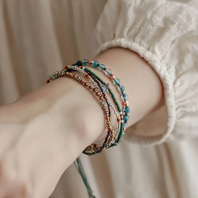 

Elegant Chinese Ethnic Style Crystal Glass Beaded Bracelet for Women Handmade Braided Rope Adjustable Stacked Bracelet Jewelry