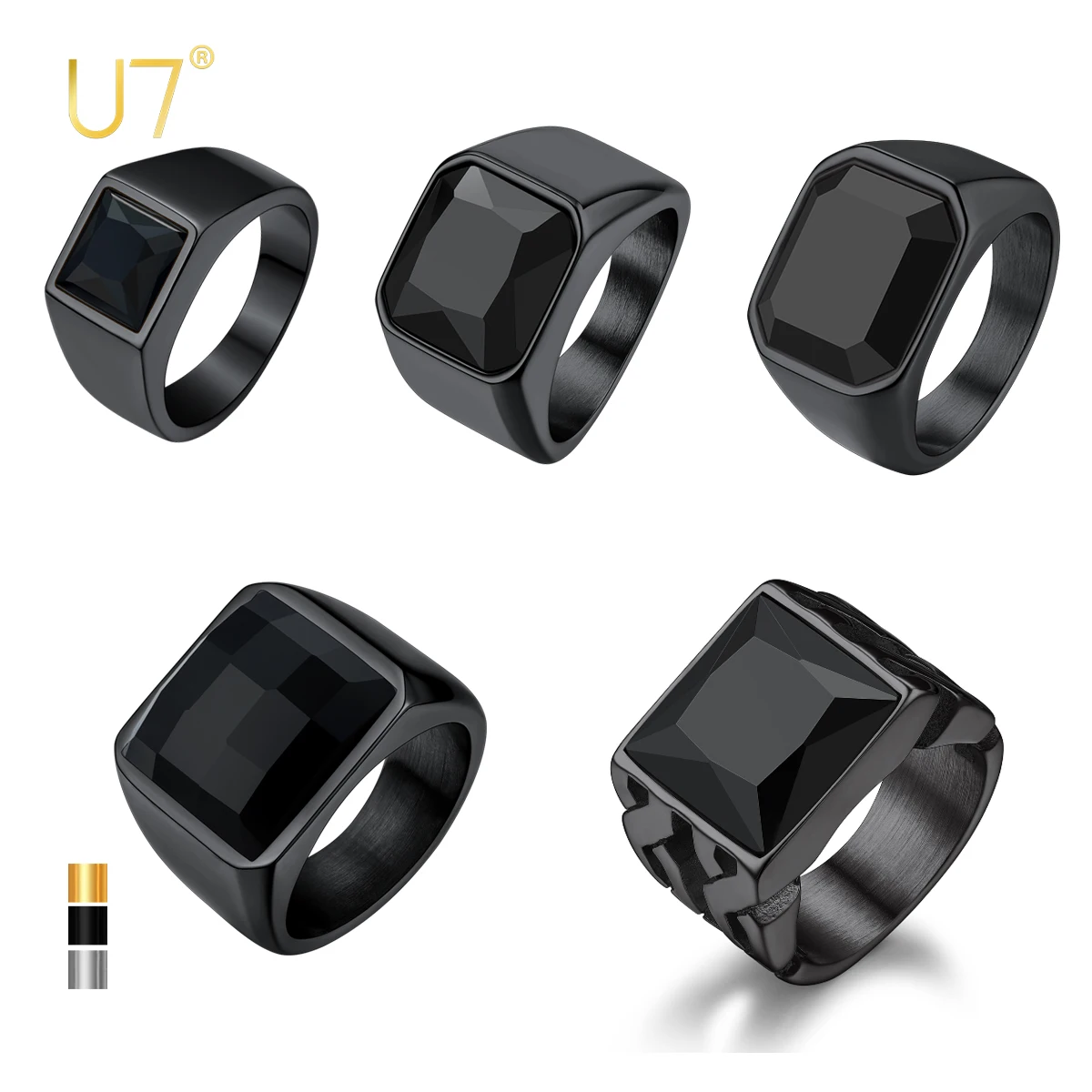 Anillos de Piedra Negra U7 para Hombre, Ónix, Ágata, Topacio, Piedras Preciosas, Anillo de Hombre con Piedras CZ, Acero Inoxidable 316L, Joyería, Regalo para Novio, Padre
