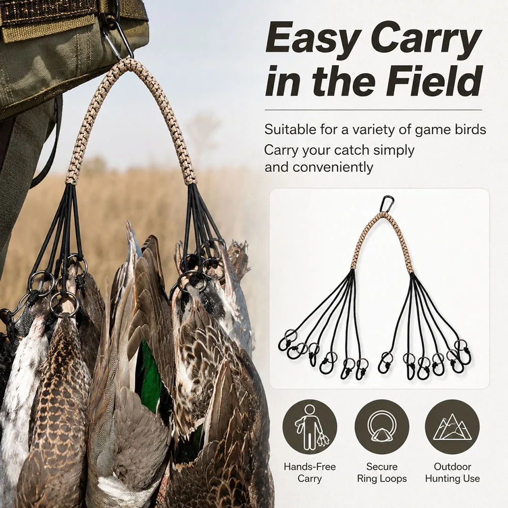 12 Drop Game Bird Carrier with Slip Rings Paracord Hunting Lanyard Tote for Duck Geese Pheasant Waterfowl Wild Game Carry Strap