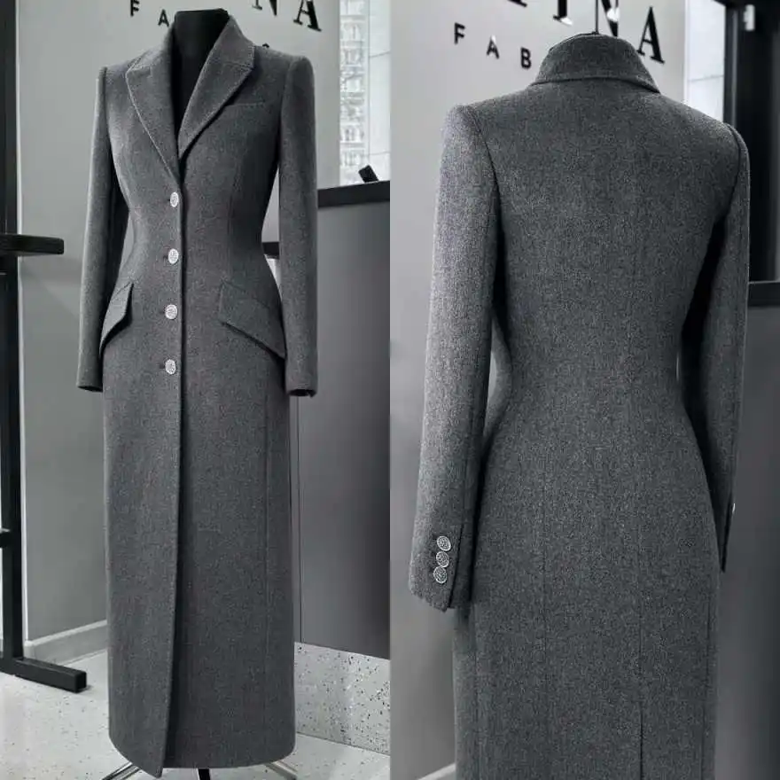 Elegant Notched Lapel Long Coat Wool Blend Single Breasted Fitted Tailored Outerwear For Formal Business Occasion Customized