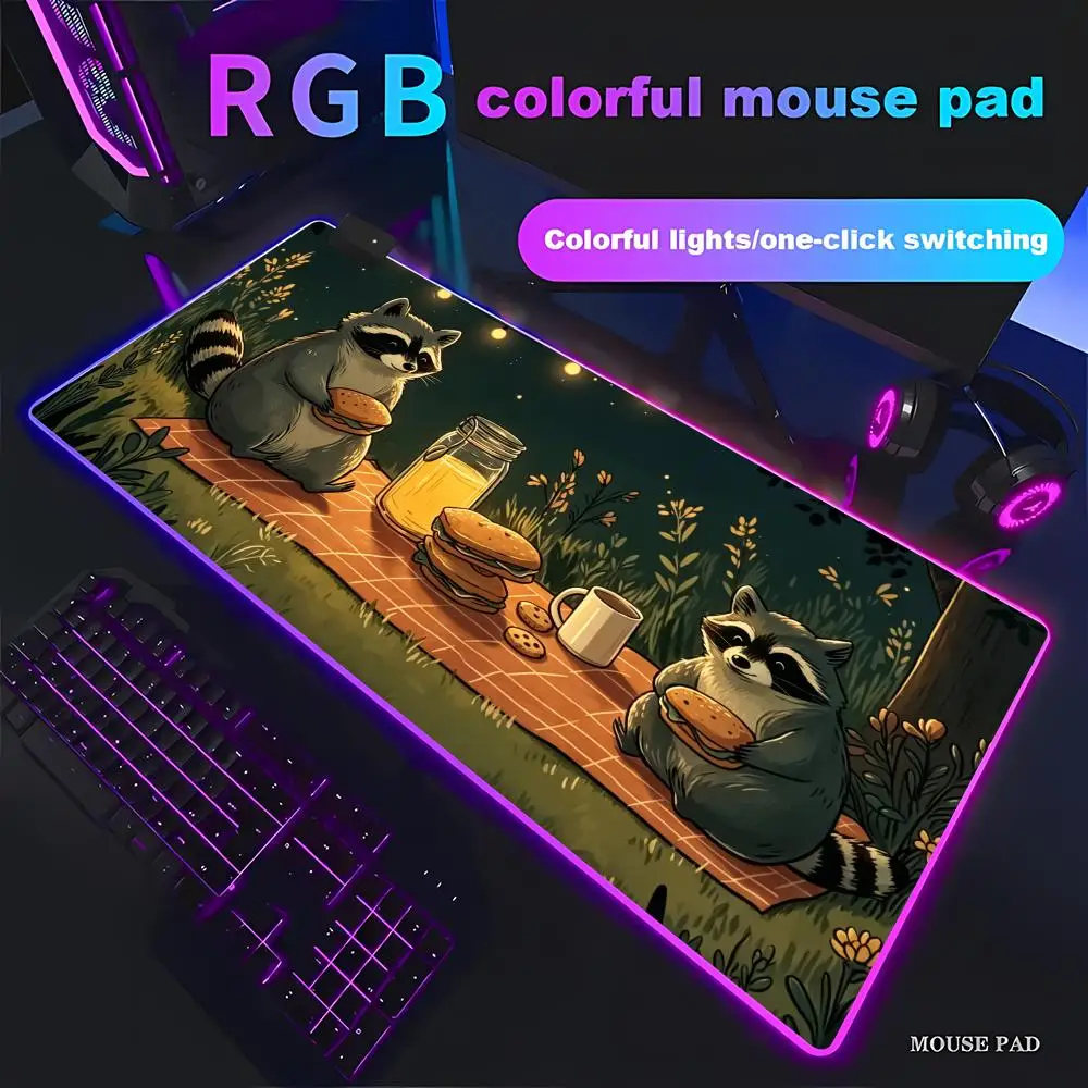 

HYBXAXC Cute Raccoon Picnic Mouse Pad Non-slip Rubber Base Gaming Desk Mat for Office Laptop Keyboard RGB HD Gamer Large LED