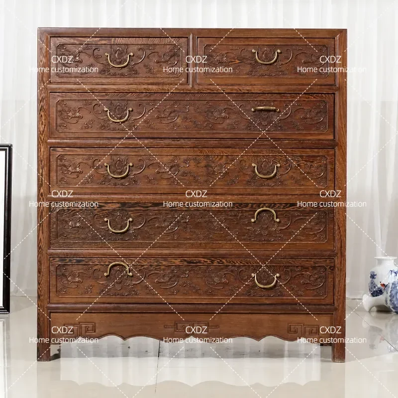 Chinese Style Solid Wood Chest of Drawers Carved Bedroom Storage Cabinet Log Locker Furniture