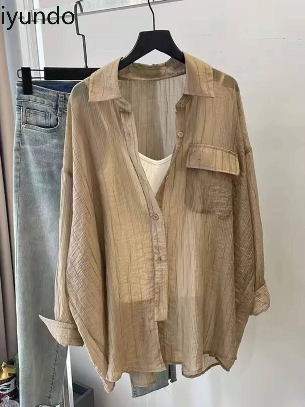

Women's Summer Lightweight Korean Blouse Loose Fit Tencel-Cotton Long Sleeve Sun Protection Shirt Solid Color Casual Style