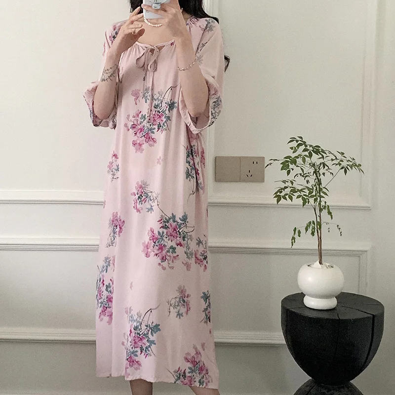 National Wind Temperament Medium-Sleeved Nightgown Female Summer Loose Large Size Temperament Senior Sense Dress Seaside Holiday