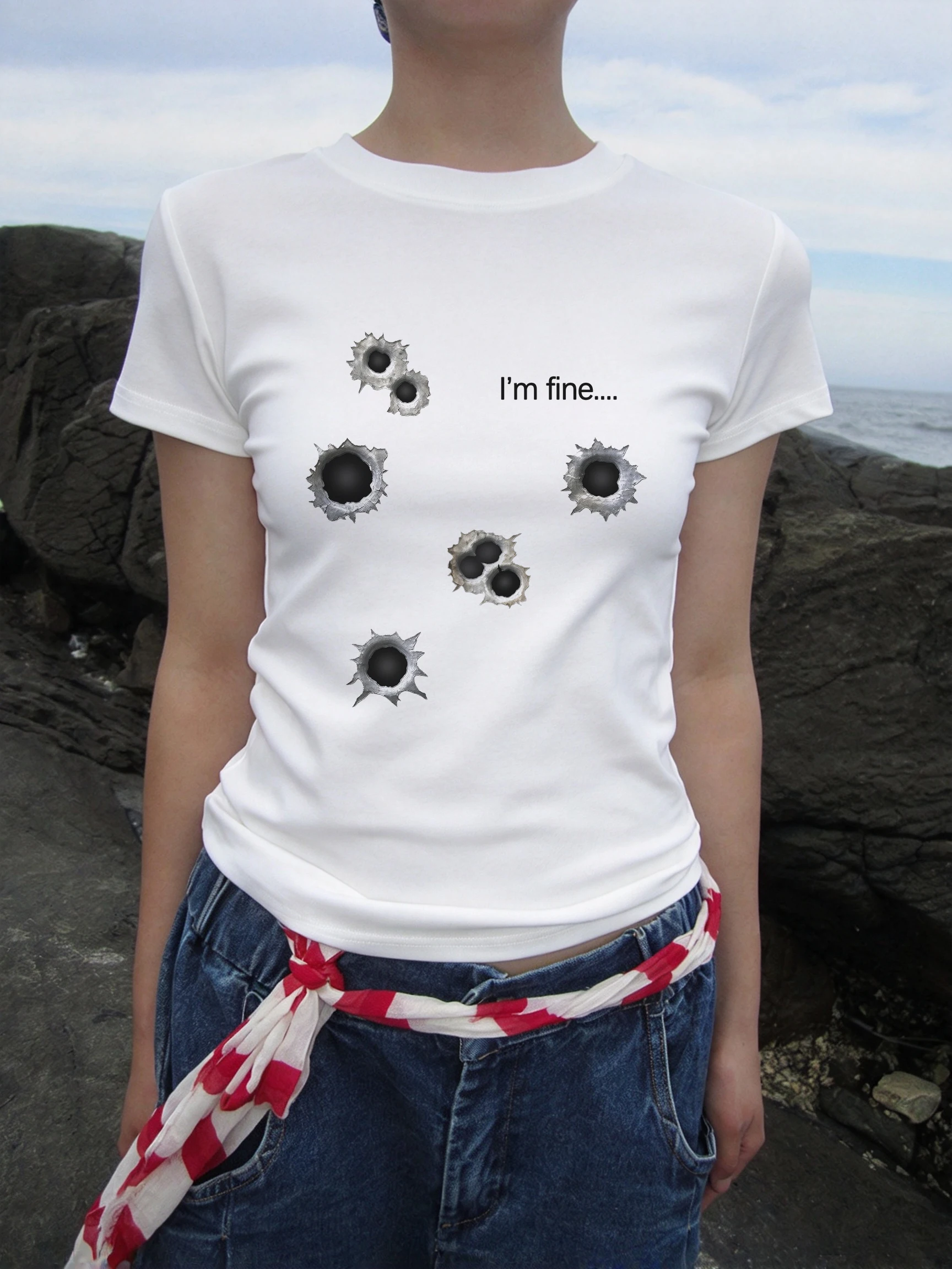 Y2K Grunge Illusion Hole Print Baby Tee Women Short Sleeve Slim Fit T Shirt I'm Fine Text Aesthetic Gothic Streetwear Camisole