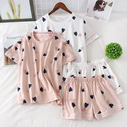 Women's 100% cotton short-sleeved shorts in summer pajamas cartoon summer sports and leisure two-piece suits can be worn out