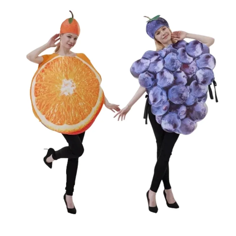 

Halloween Fruits Orange Grape Cosplay Costume Funny Outerwear with Hat Suit for Adults Carnival Party Performance Outfit