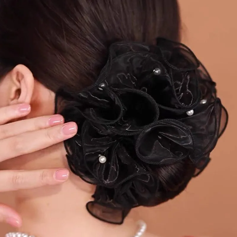 Anel de cabelo feminino com pérolas, cocar extra grande, cabelo flower updo na moda, scrunchies grandes, preto, primavera e verão, novo