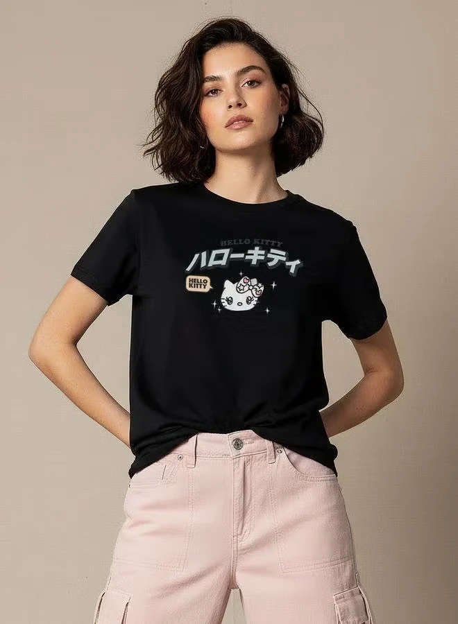 Women Hello Kitty T Shirt Japanese Text Cute Kitty Cartoon Graphic Print Short Sleeve Black Tee Ladies Casual Summer Tops
