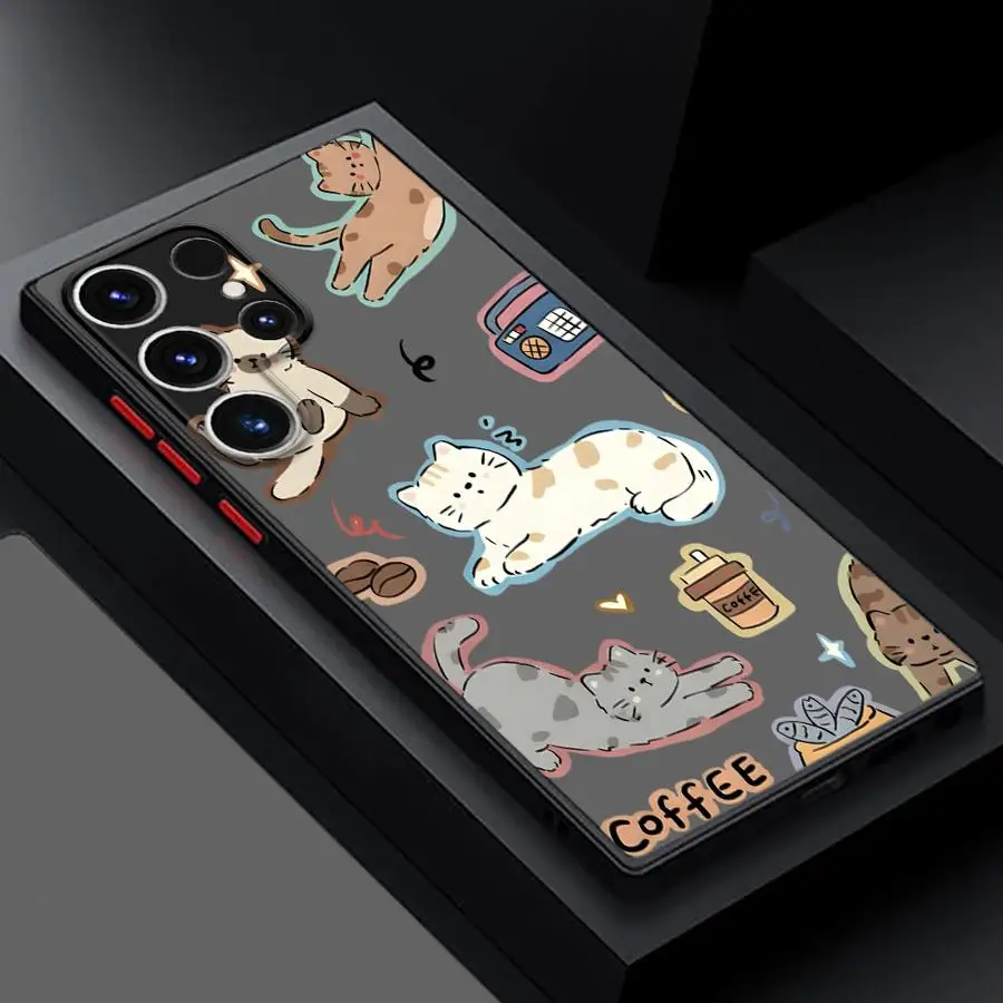 Funda Protectora para Teléfono con Diseño de Gato y Café para Samsung Galaxy S26 Note 20 10+ S24 Plus S23 FE S25 Ultra S21 S20 S22