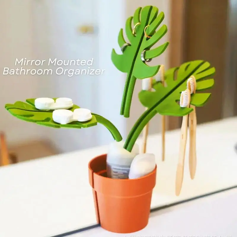 Mirror Monstera Bathroom Organizer Mirror Jewelry Bracelet Holder Watch Wallet Storage Toothbrush Toothpaste Organizer