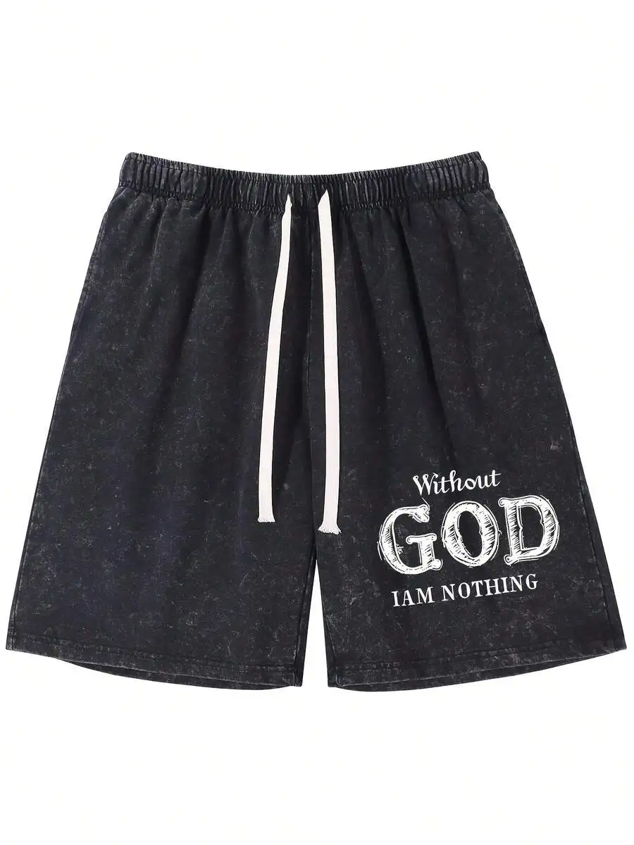 

Mens Casual Hip Hop Cotton Drawstring Shorts Vintage Washed Knee Length