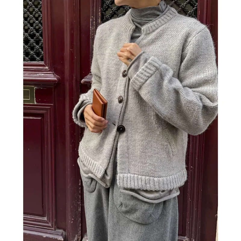 

Faionable Knitted Cardigan Sweater round Ne Ribbed Cuffs Single Button Design Vintage Sle Loose Fit Long Sve Women's...