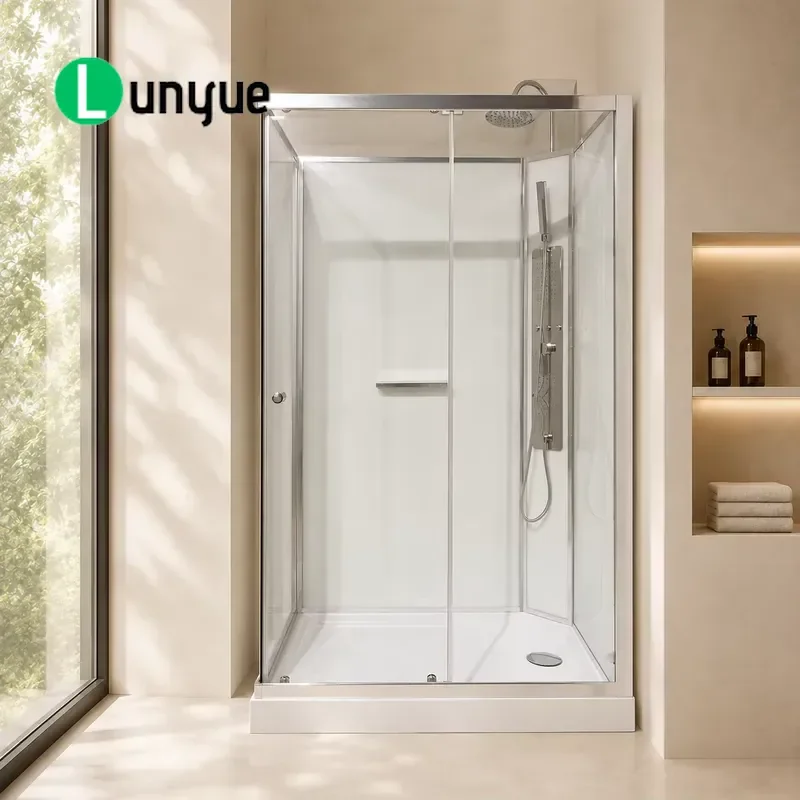 Rectangular Shower Enclosure with Chrome Sliding Doors and Built-in Towel Rail White Back Wall for Bathroom Space Saving