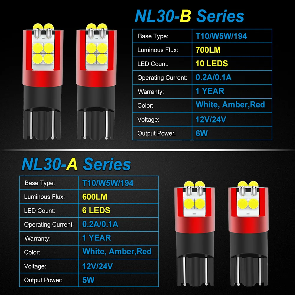 NAO 2x T10 LED Super Bright Bulb W5W Anti Error CANBUS Lamp 6000K White Amber Red 5W5 700LM 12V 24V Car Marker Clearance Lights