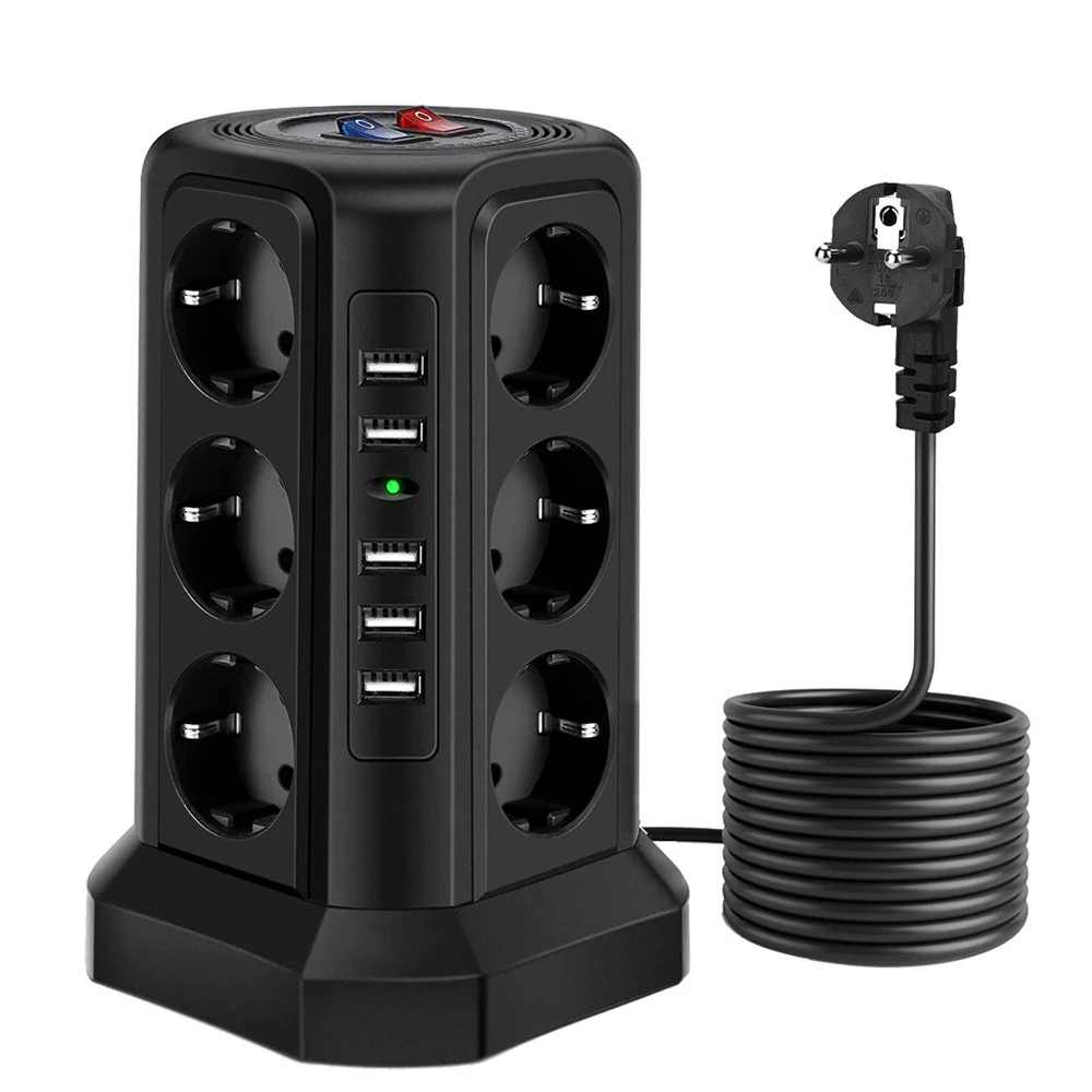 To Tower Multi Power Strip Vertical EU Plug 12 Way Outlets Sockets with 5 USB Overload Protector Switch Multiple Vertical Power