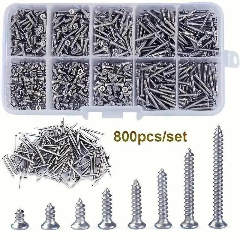 800pcs Self Tapping Wood Screws Set M2 Flat Head Sheet Metal Screw Self Tapping Screws Assortment Kit Accessories Gift