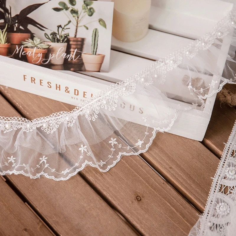 

1 Yard Pleated Mesh Lace Ruffle Trim Ribbon Tassel Faux Pearl Beading Applique Wedding Bridal Dress DIY Sewing Drop Shipping