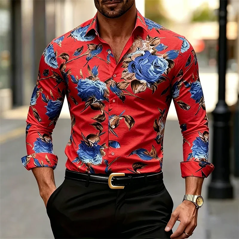 Men's Long-sleeve Collared Shirt with Floral Print, Casual Style Men's Top view 4