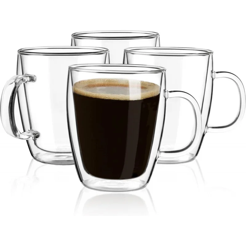 

4-Pack 16oz Double-Wall Clear Glass Coffee Mugs with Handle - Insulated Heat-Resistant Cups for Cappuccino, Tea & Latte