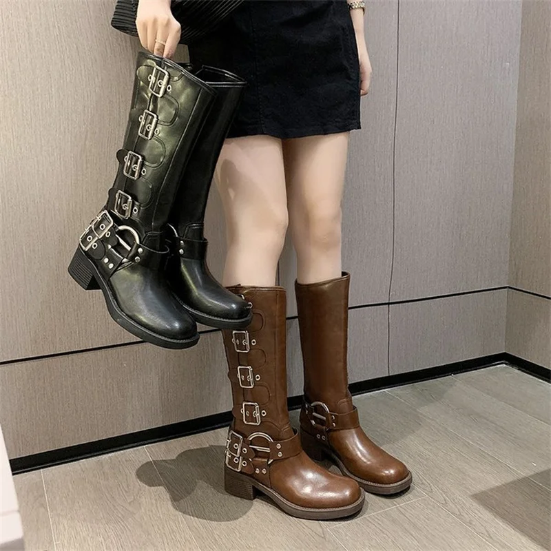 Vintage Knee Length Boots Belt Buckle Thick Heel Boots Women Summer Cowboy Boots Cavalry Fashion Boots shoes for women