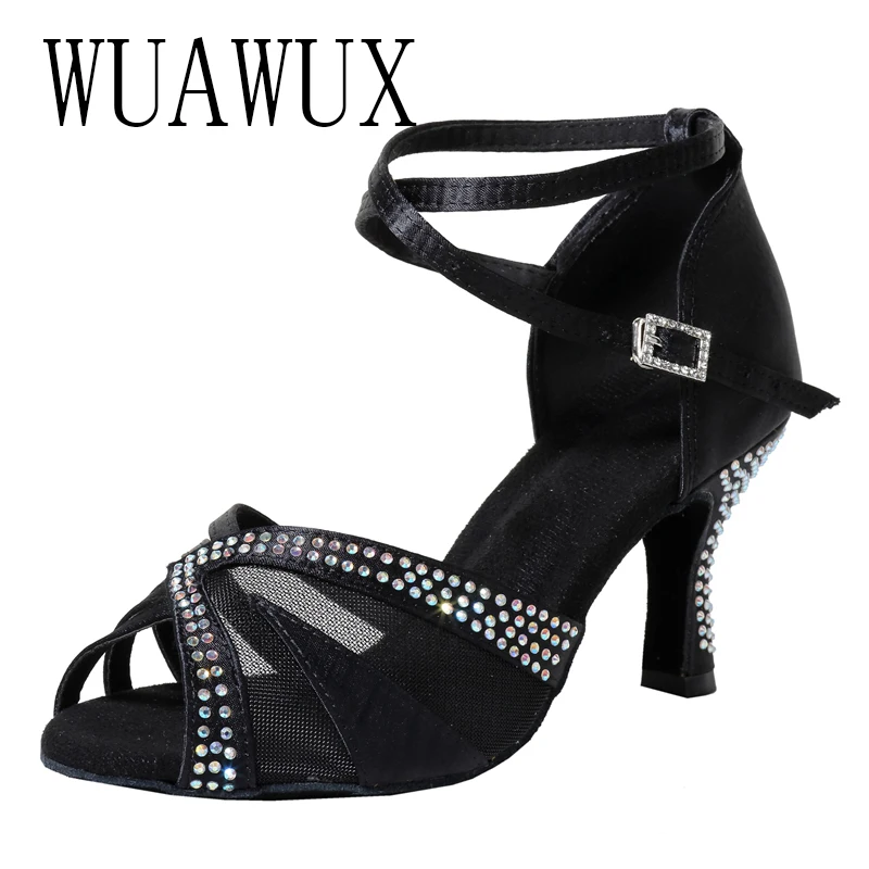 

New Latin Dance Shoes Adult Women's Mid High Heel Soft Sole Diamond Inlaid Dance Shoes Four Seasons Social Dance Shoes