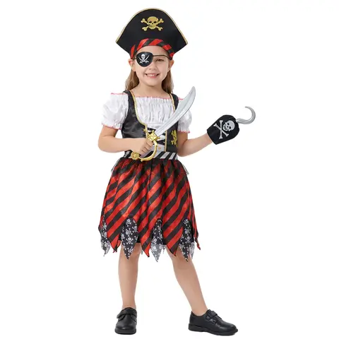 Girls Pirate Costume Set Caribbean Themed Dress with Skull Print Halloween Party Cosply Outfit Includes Toy Gift Carnival 3-12Y