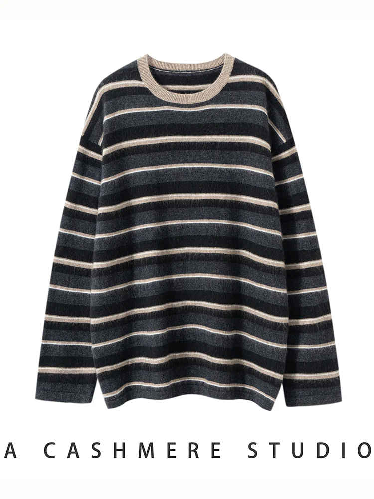 ADDONEE, suéter de cachemira de 100% para mujer, jersey a rayas con cuello redondo, Jersey informal holgado de estilo Ins, Jersey de punto de Cachemira, ropa de otoño e invierno