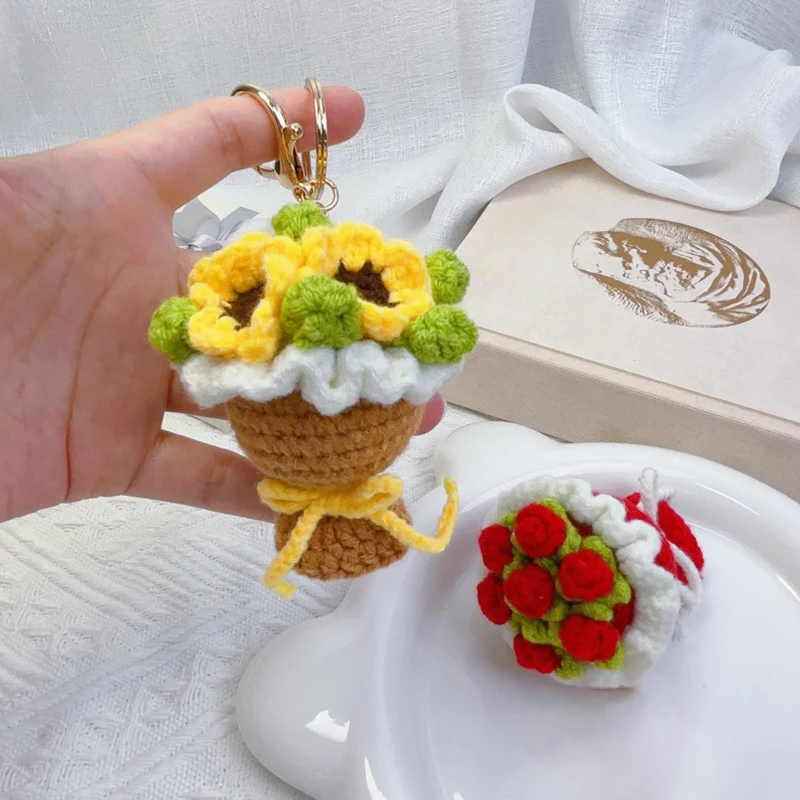 سلسلة مفاتيح من الكروشيه وردة عباد الشمس ، سحر الحقيبة ، سلسلة مفاتيح محبوكة ، حلقة مفاتيح زهور مزيفة ، إكسسوارات قلادات