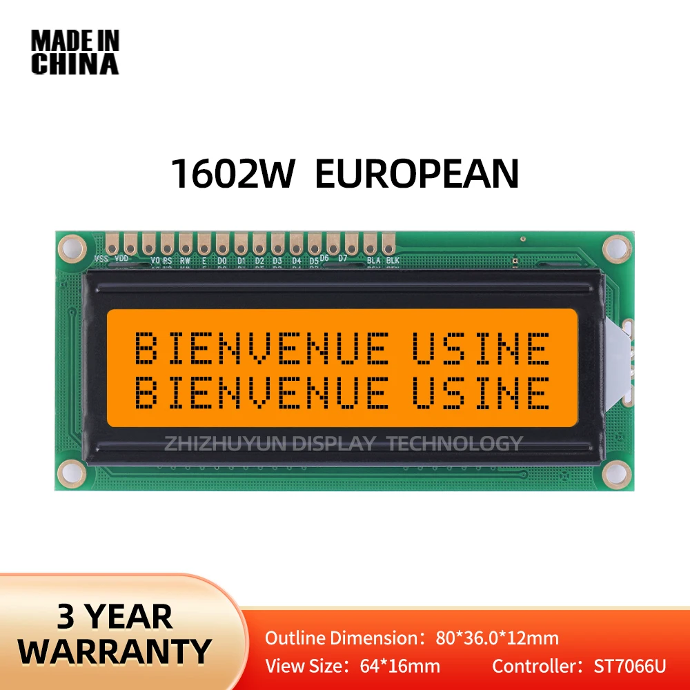 Large Window LCD 1602W European Character Display Orange Color Full View Multiple Character Libraries 64*16Mm