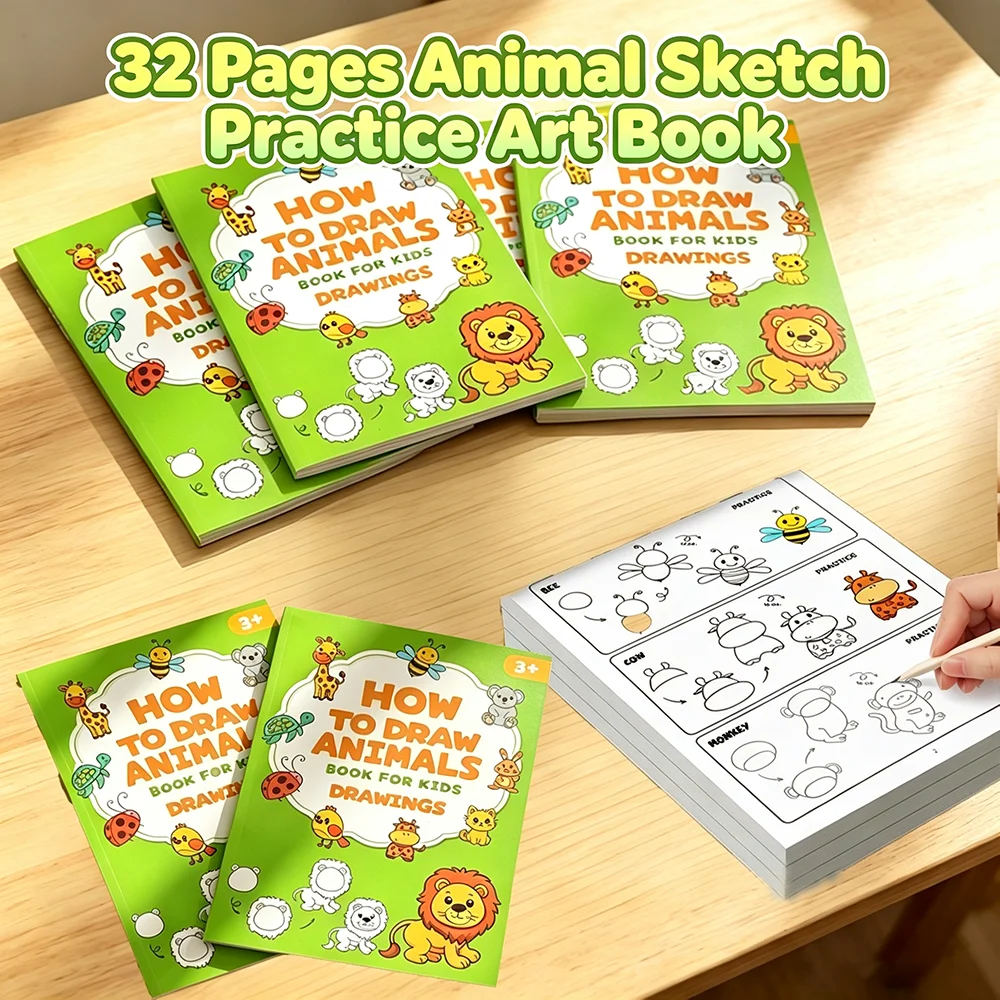 32 Pages Kids Step-by-Step Animal Drawing Workbook Cartoon Animal Sketch Tutorial Book Early Learning Art Practice Book Gift